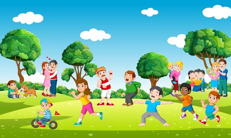 People in city park doing sports and playing with kids in leisure of illustrationのイラスト素材