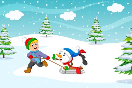 A boy and warm coat playing a sleigh ride with a snow of illustrationの写真素材