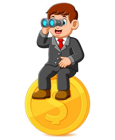 Businessman sitting on coin dollar and holding binoculars of illustrationのイラスト素材
