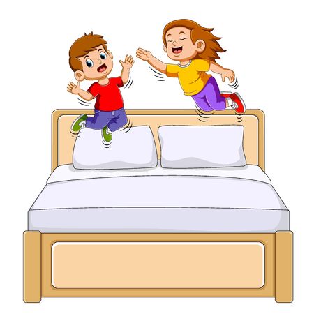 Boy and girl jumping on the bed of illustrationのイラスト素材