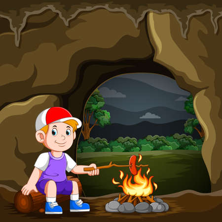 The boy is camping and burning the sausage the bonfireのイラスト素材