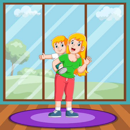 The boy is playing with his mother and doing yoga togetherのイラスト素材