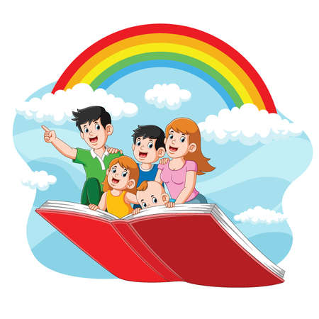 The illustration of cute family flying with their book on the beautiful skyのイラスト素材