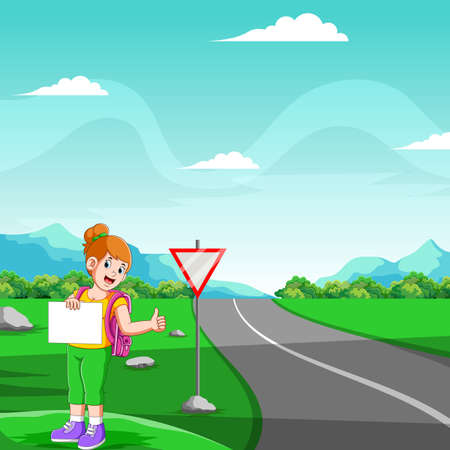 The young girl are standing and holding the blank board to stop the carのイラスト素材
