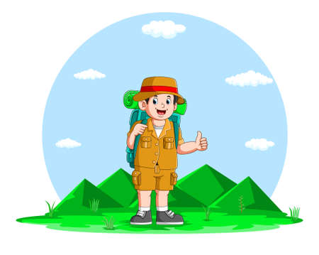 The young man is hiking with the big backpack in the mountainのイラスト素材