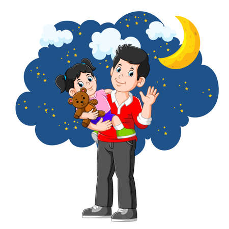 The cute girl is going to bed with his father in beautiful nightのイラスト素材