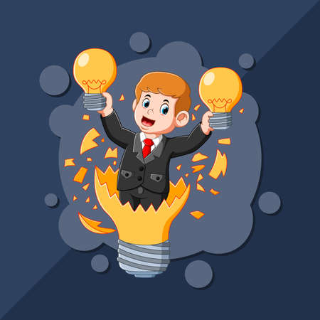 The boy with the good idea holding the yellow lamp in his handsのイラスト素材