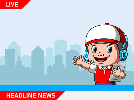 The illustration of the reporter holding the tab for the live news updateのイラスト素材