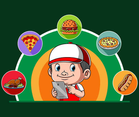 The illustration of the courier order the online delivery food for the costumerのイラスト素材