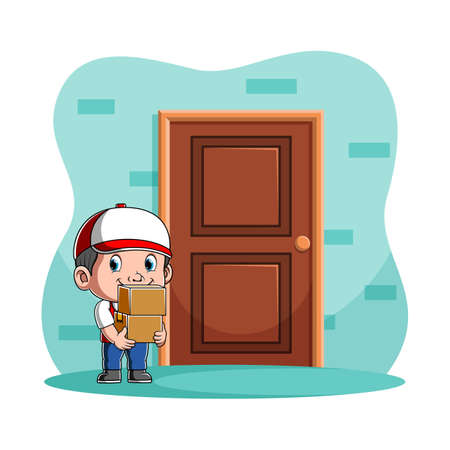 The illustration of the courier boy holding two boxes and standing near the costumer's doorのイラスト素材