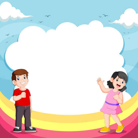 The illustration of the girl and her friend talking with the blank bubble speechのイラスト素材