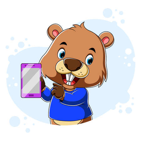 The cartoon of the beaver holding the purple smartphone with his handのイラスト素材