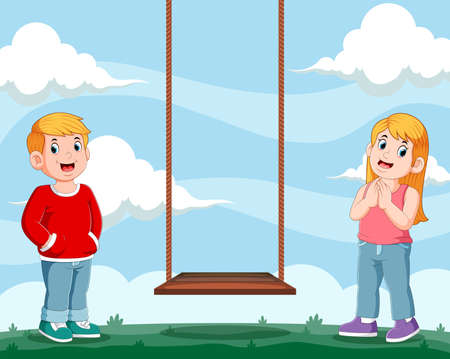 The illustration of the girl and boy standing the wooden swing to play together in the gardenのイラスト素材