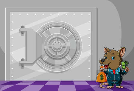 The illustration of thief mouse stealing a lot of money from the safe box in the bankのイラスト素材