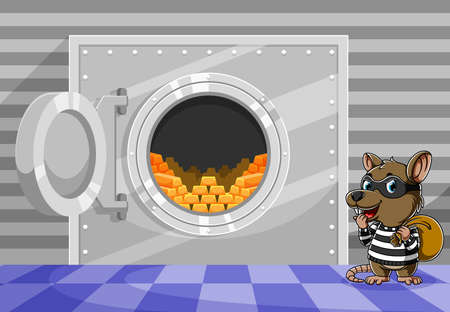 The illustration of thief mouse stealing the bar of gold from the safe boxのイラスト素材