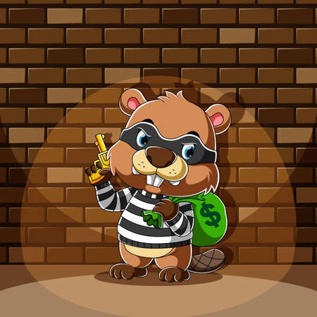 The cartoon of beaver standing and holding a bag of money with the yellow gunのイラスト素材