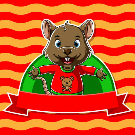 The illustration of the brown mouse standing with the frame for the restaurant's logo inspirationsのイラスト素材