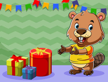The cartoon of the beaver celebrate his birthday with a lot of gift beside himのイラスト素材