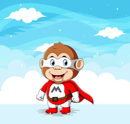 The illustration of the monkey using superhero costume and using the white mask to cover his faceのイラスト素材