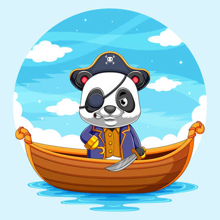 The illustration of the panda pirates holding the sword on the wooden boatのイラスト素材