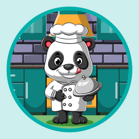 The illustration of the panda chef holding the metal silver platter and using the white costumeのイラスト素材