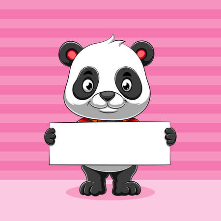 The illustration of the little panda holding a blank white board for the information with the pink backgroundのイラスト素材