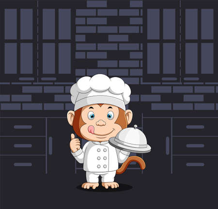 The illustration of the monkey chef holding the metal silver platter for the mascot restaurant inspirationのイラスト素材