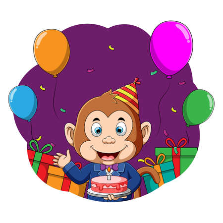 The illustration of the monkey celebrate his birthday with the balloons and cake in his hand with a...