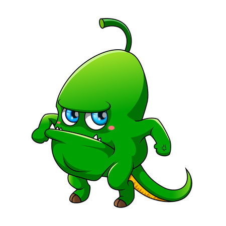 The cartoon of the green monster with the sharp teeth and blue eyes with the long tailのイラスト素材