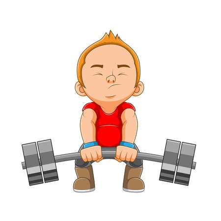 The sportsman is lifting weights with his muscles on hands of the illustrationのイラスト素材