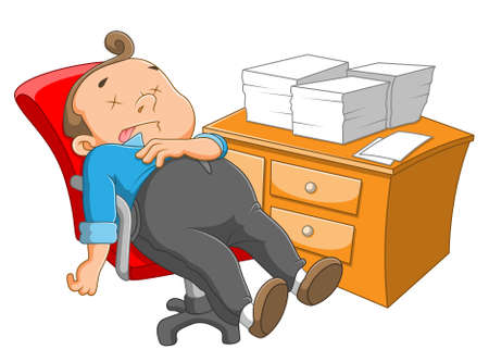 The sleepy employee is sleeping on the chair near the desk of the illustrationのイラスト素材