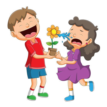 The girl is crying because of the boy prank with flower spouts water of illustrationのイラスト素材