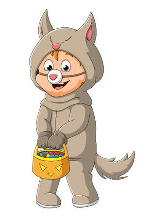 The cute boy with the wolf costume is holding the basket of candies of illustrationのイラスト素材