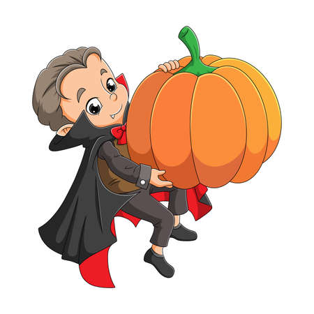 The young dracula is holding a big scary pumpkin of illustrationのイラスト素材
