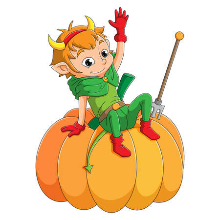The elf boy is waving and sitting on the pumpkin of illustrationのイラスト素材
