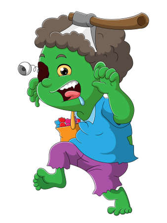 The zombie boy with green skin and the axe on the head of illustrationのイラスト素材