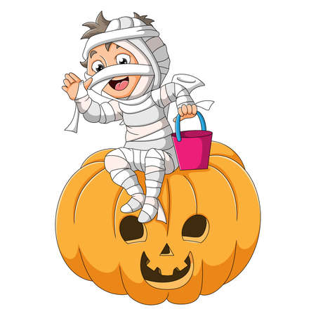The boy with the mummy costume is sitting on the scary pumpkin of illustrationのイラスト素材