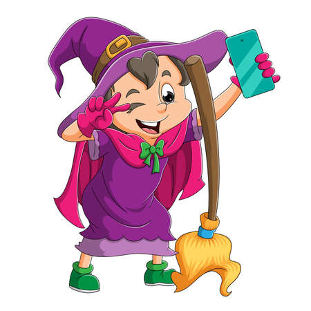 The happy witch girl is taking a selfie with the magic broom of illustrationのイラスト素材