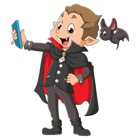 The vampire is taking a selfie with the bat of illustrationのイラスト素材