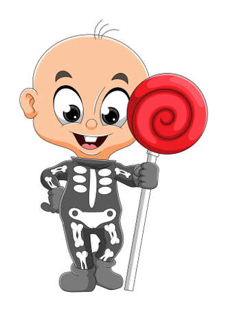 The little baby is wearing the bone costume and holding the sweet lollipop of illustrationのイラスト素材