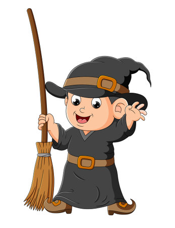 The little witch boy is holding the magic broom of illustrationのイラスト素材