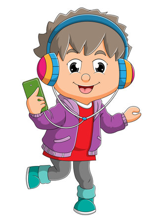 The boy is listening the music with the headphone of illustrationのイラスト素材