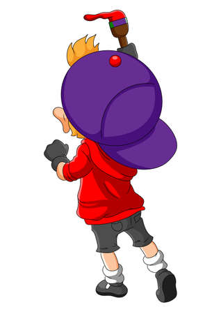 The boy is painting the wall with the brush of illustrationのイラスト素材