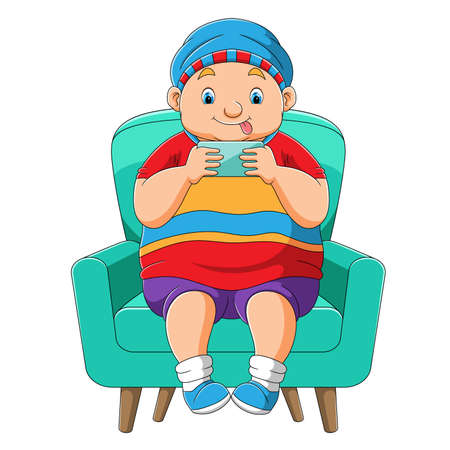 The little boy is playing the game on the hand phone of illustrationのイラスト素材