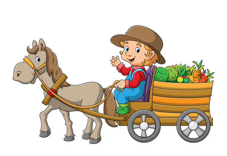 The farmer man with horse is pulling a cart full of vegetables of illustrationのイラスト素材