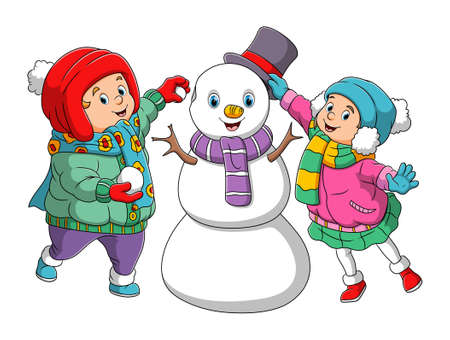 The couple is making a snowman in winter season of illustrationのイラスト素材