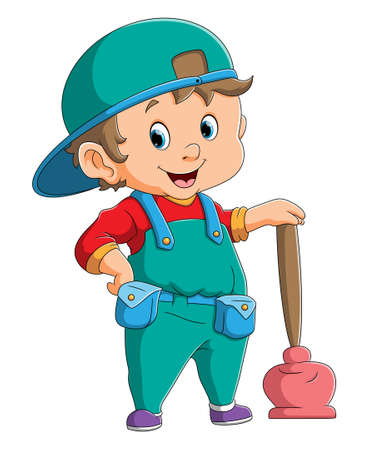 The plumber is standing beside the toilet pump of illustrationのイラスト素材