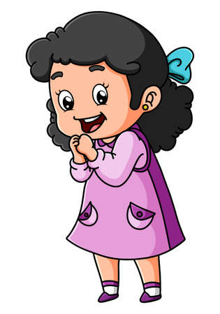 The cute girl is looking at something with the happy expression of illustrationのイラスト素材