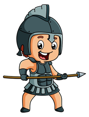 The strong warrior boy with the armor is holding the spear of illustrationのイラスト素材