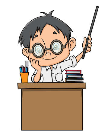 The teacher is sitting on the desk and teaching the student of illustrationのイラスト素材